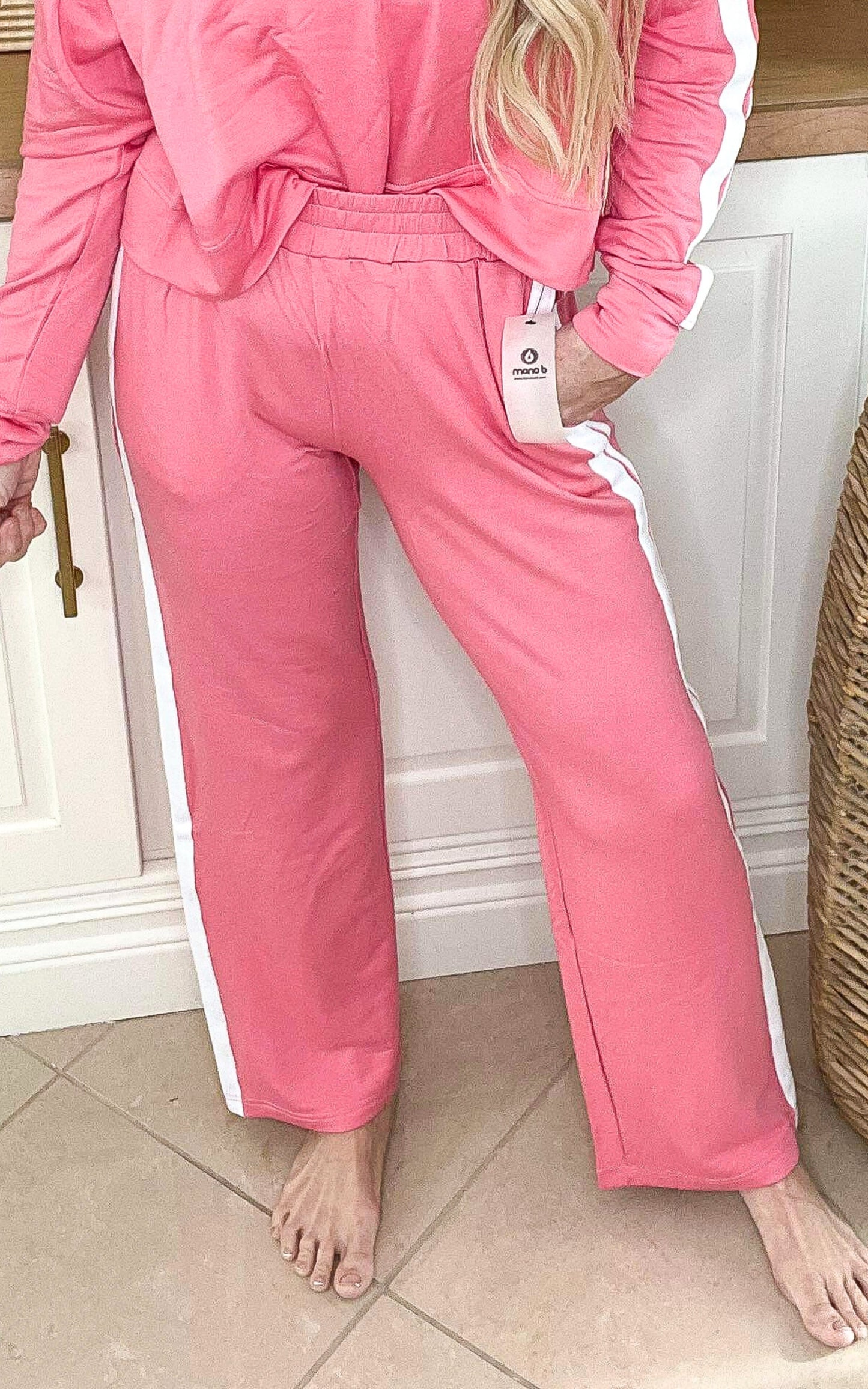 MONO B Bubblegum Side Stripe Wide Leg Lounge Pant