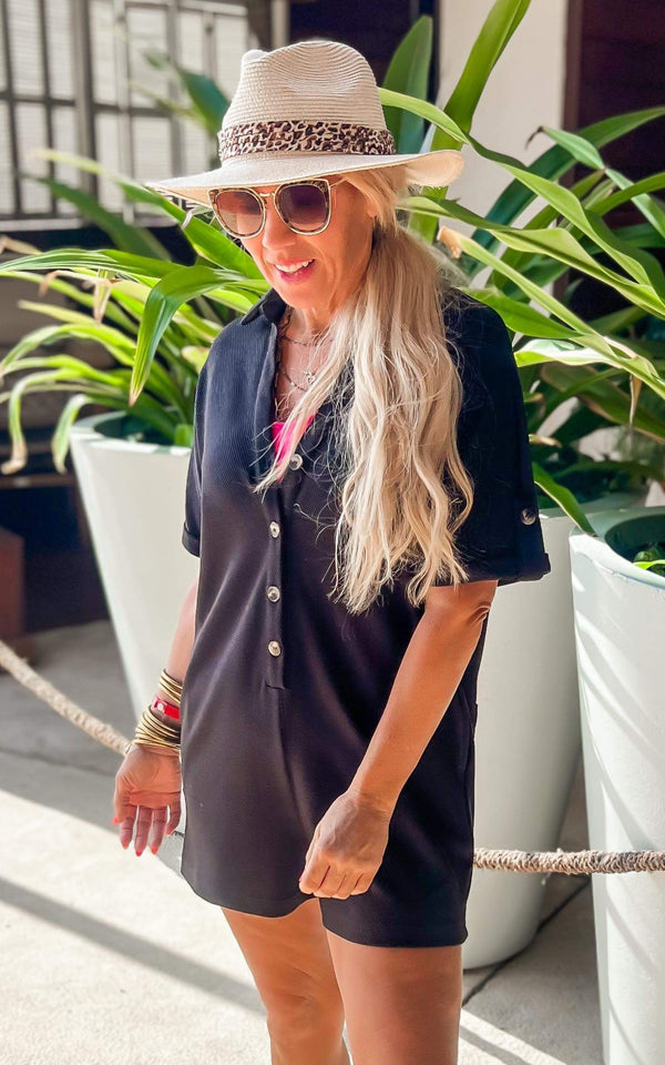 Black Solid Button-Up Romper