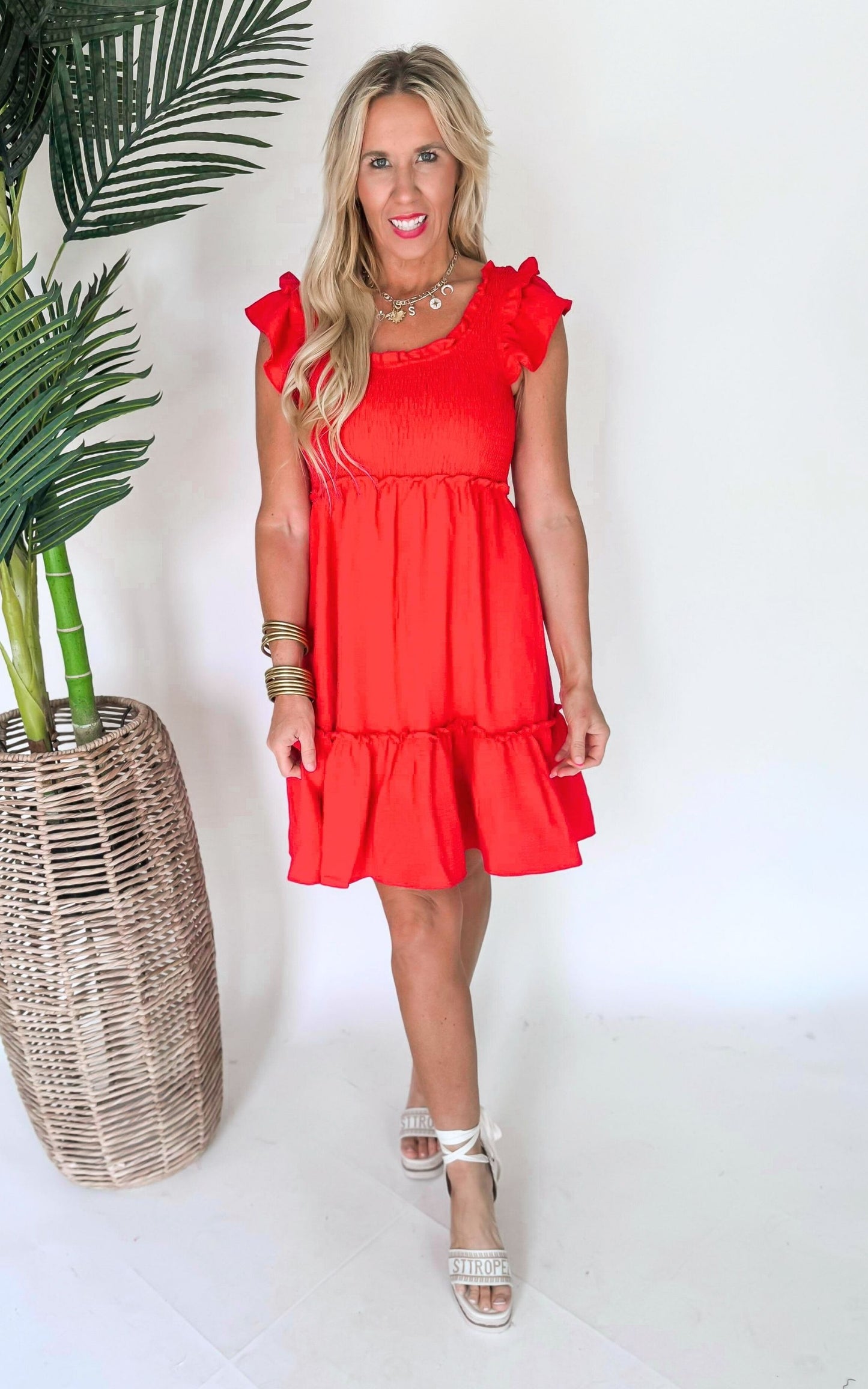 Take Me Dancing Red Ruffled Smocked Dress