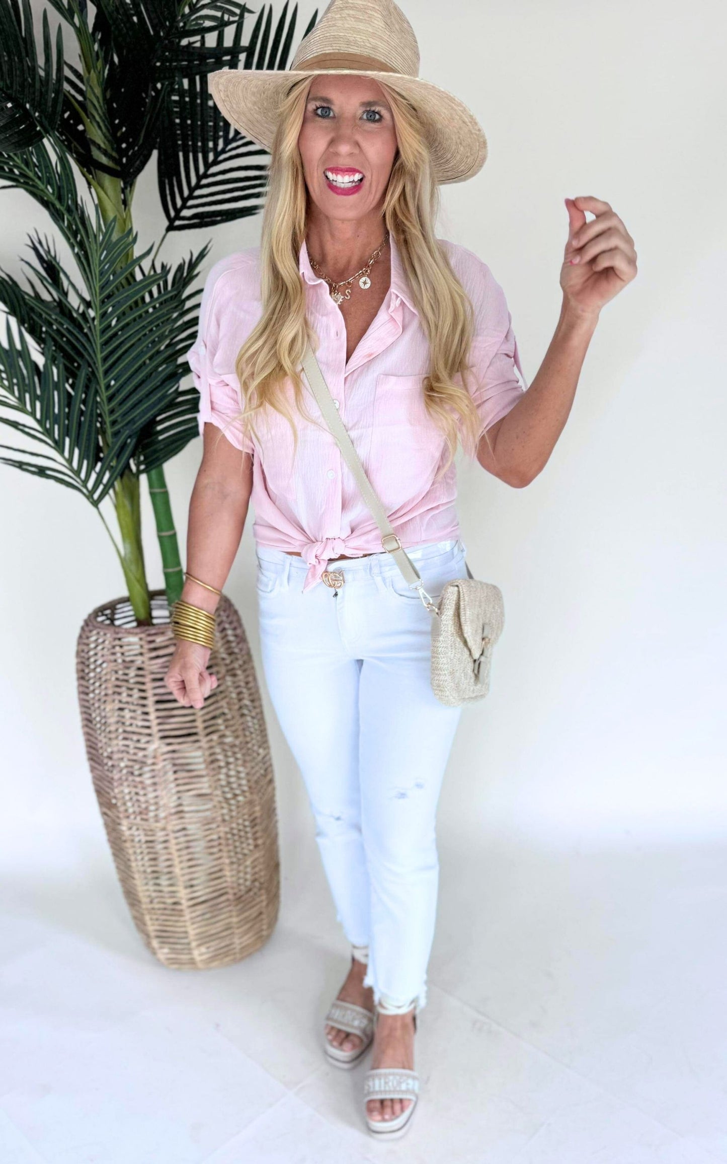 Fold Up Sleeve Button Down Blouse - Final Sale