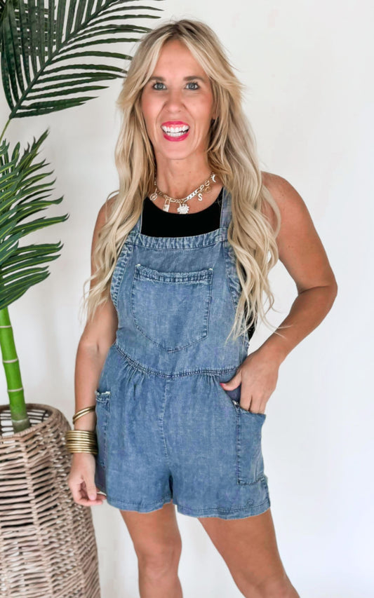 Acid Wash Frayed Denim Wash Romper - Final Sale