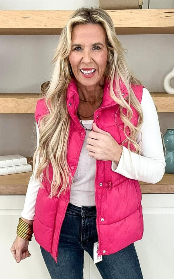Fuchsia Zip Up Button Puffer Vest with Waist Toggles