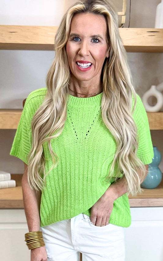 Neon Green Short Sleeve Knit Sweater Top - Final Sale