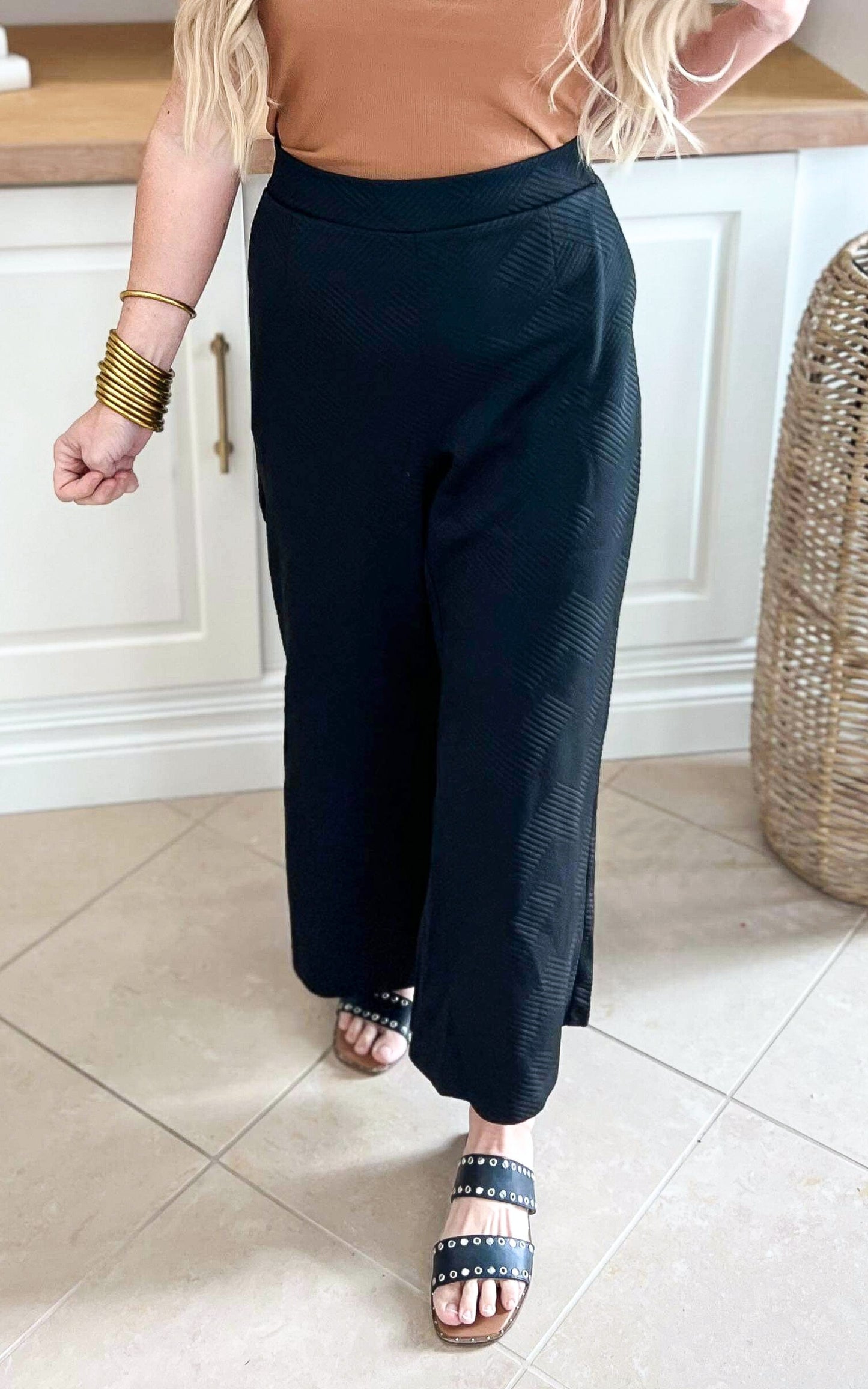 Black Textured Wide Leg Pants - Final Sale