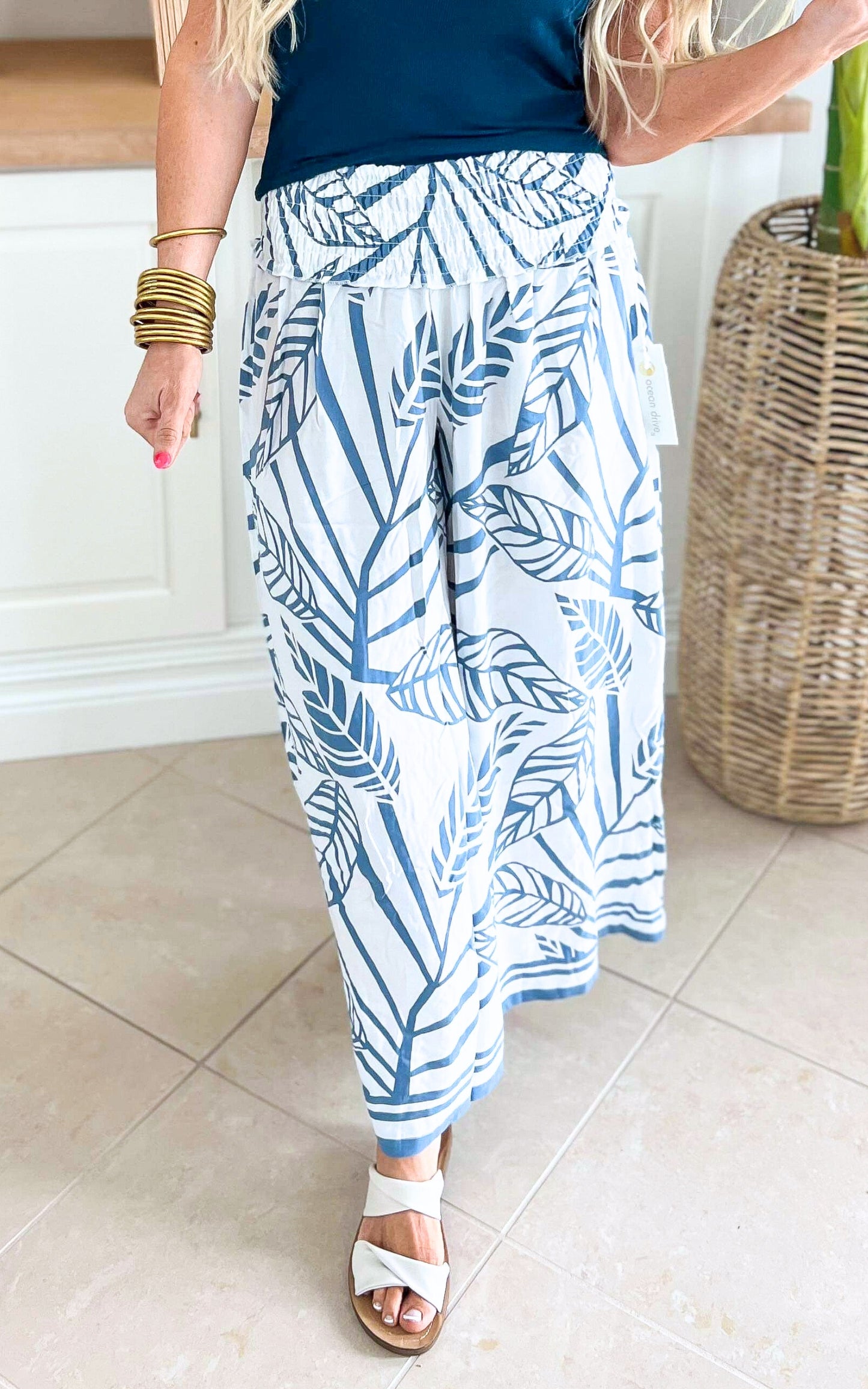 Navy Abstract Leaf Print Rayon Pants - Final Sale