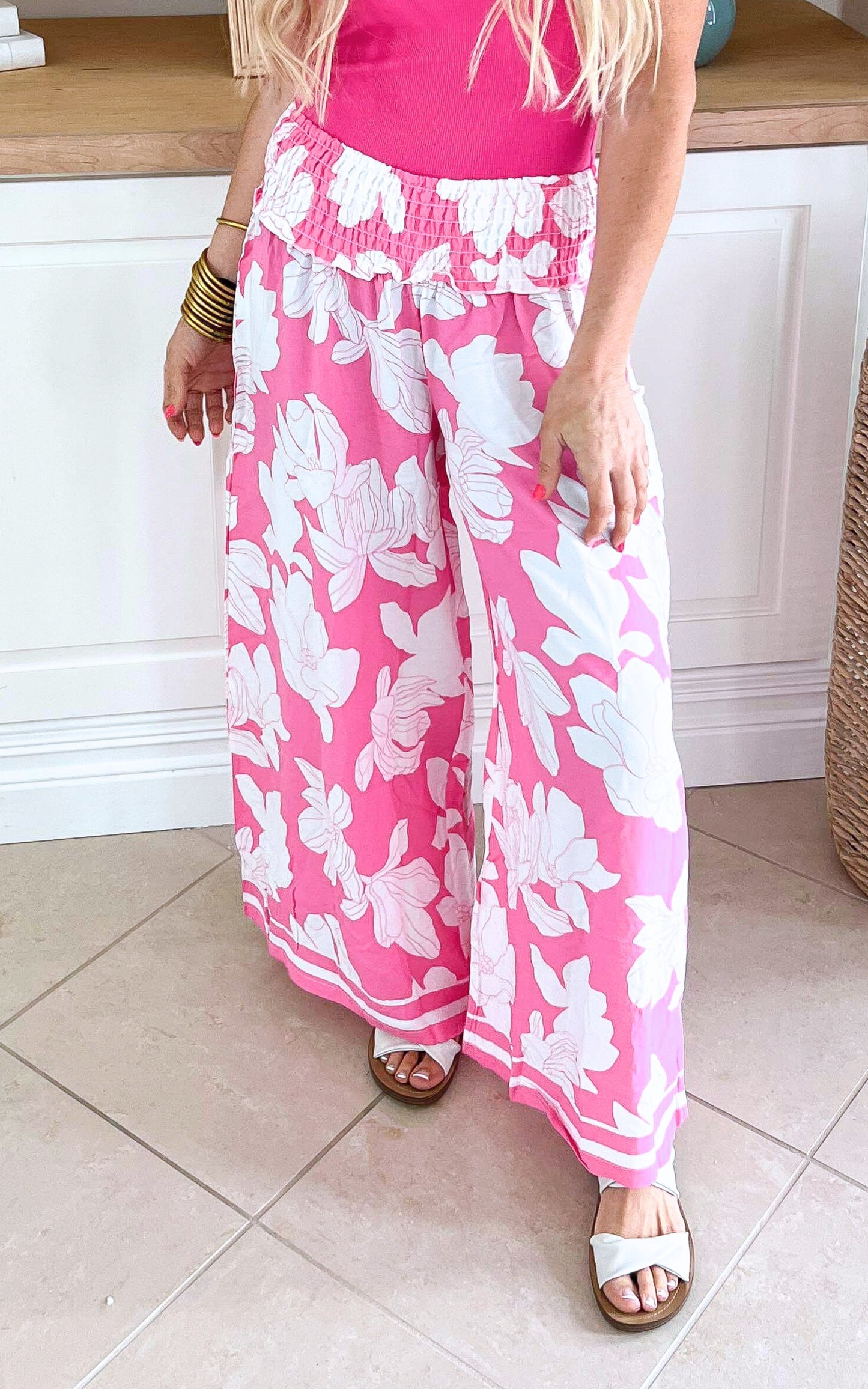 Pink Botantic Boarder Print Rayon Pants - Final Sale