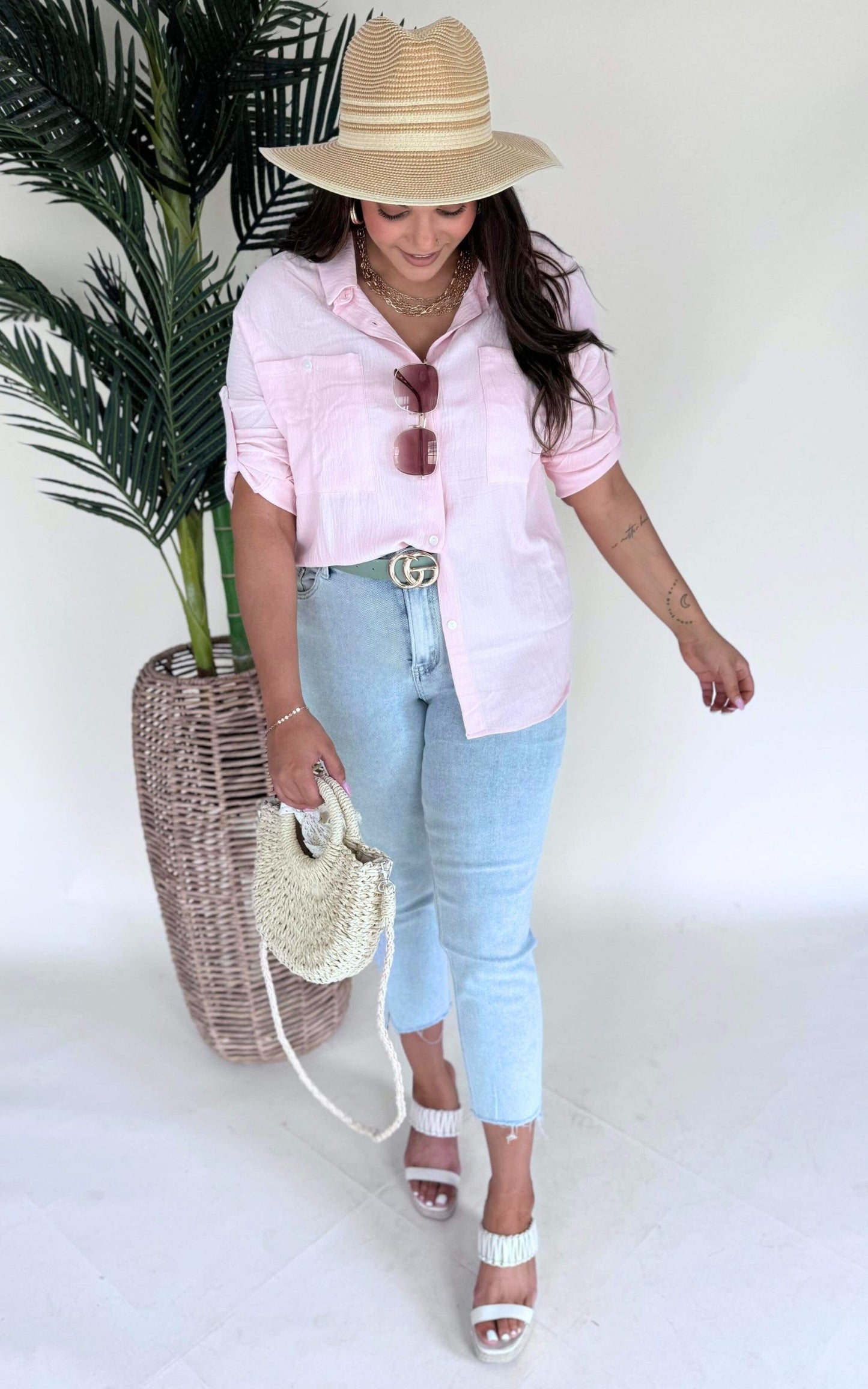 Fold Up Sleeve Button Down Blouse - Final Sale