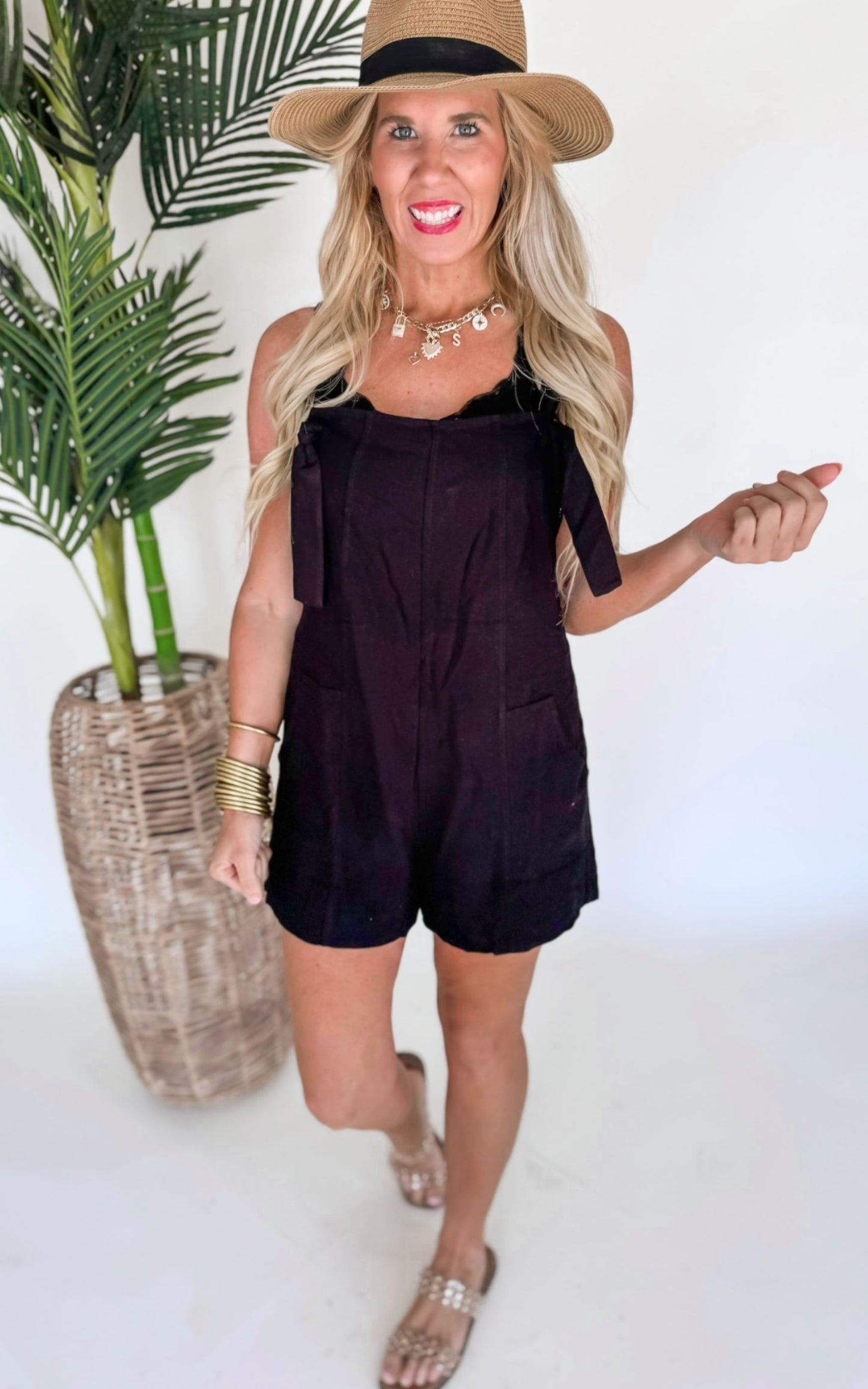 Linen Romper with Front Self-Tie Strap - Final Sale