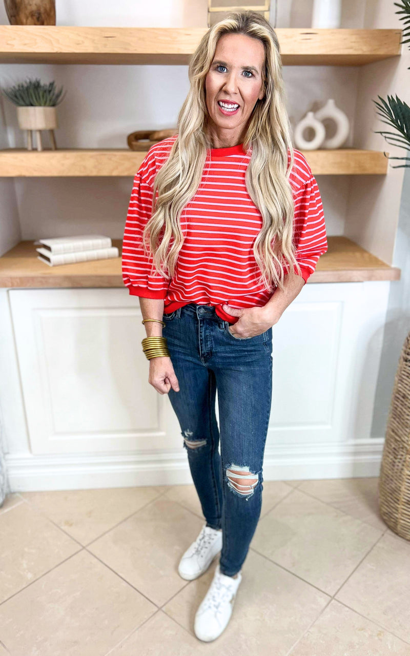 Red Striped 3/4 Sleeve Top