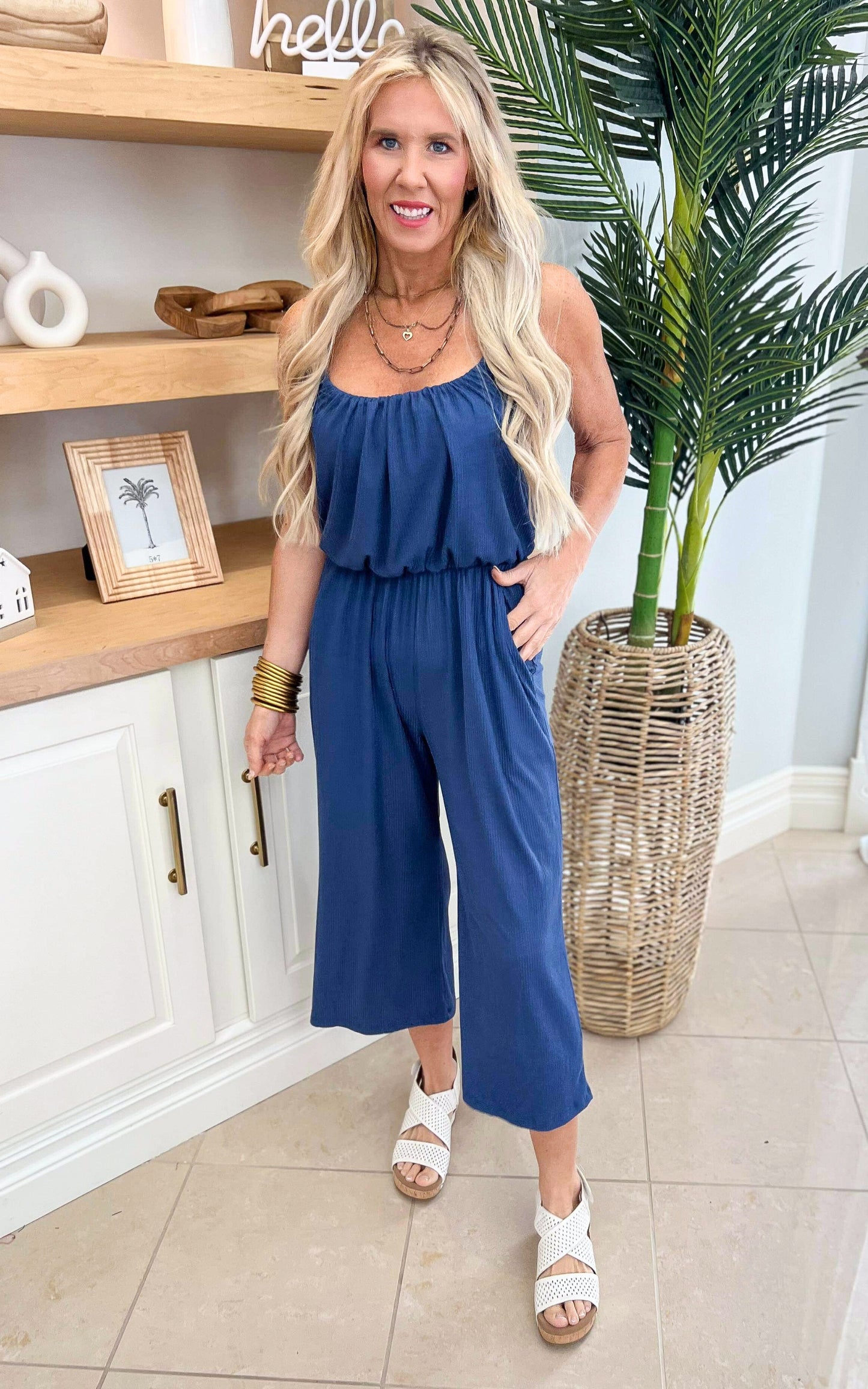 Cropped Spaghetti Strap Jumpsuit - Denim - Final Sale