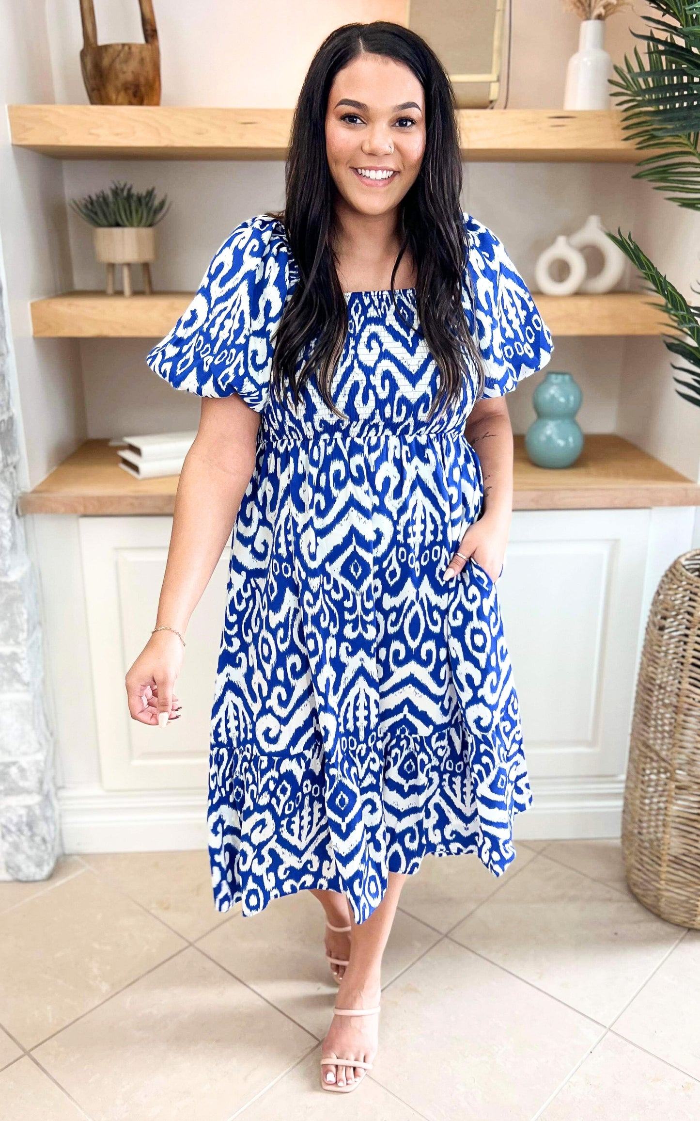 Royal Geometric Print Midi Dress