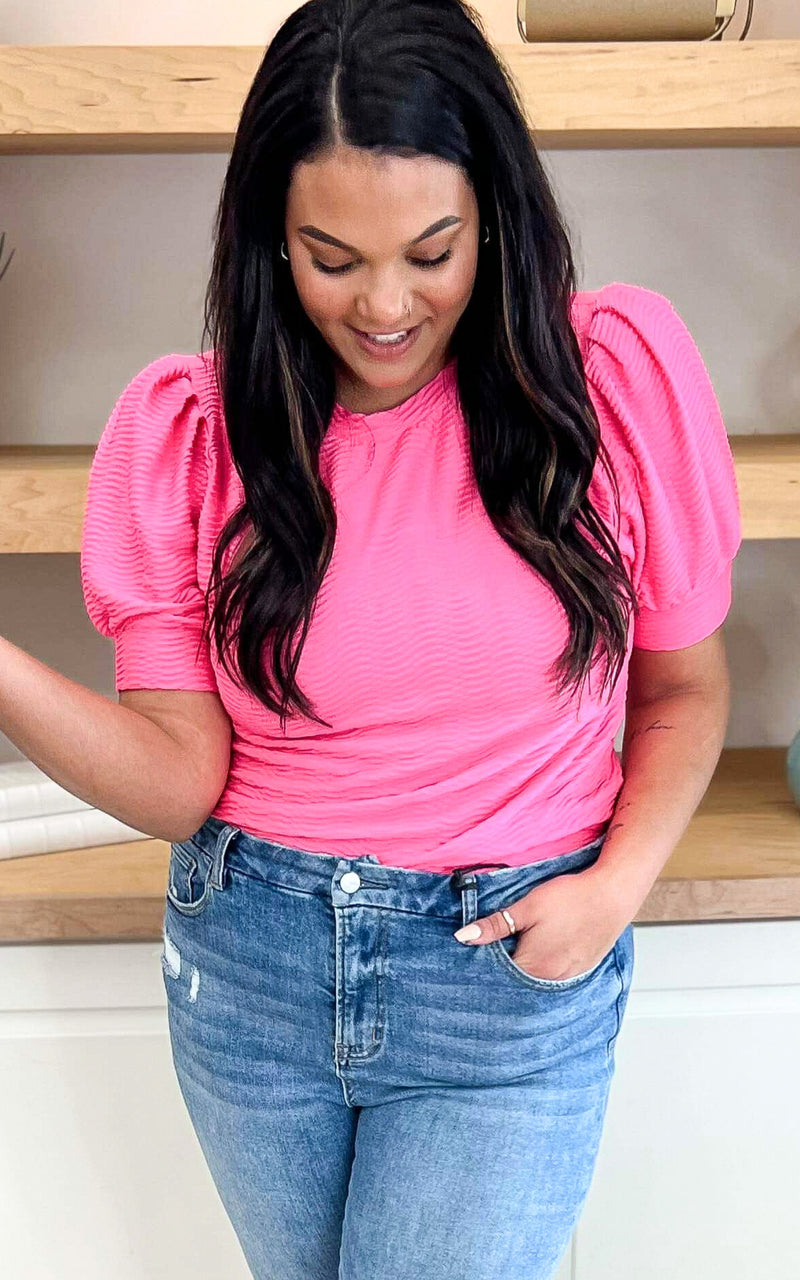 Hot Pink Textured Puff Sleeve Top