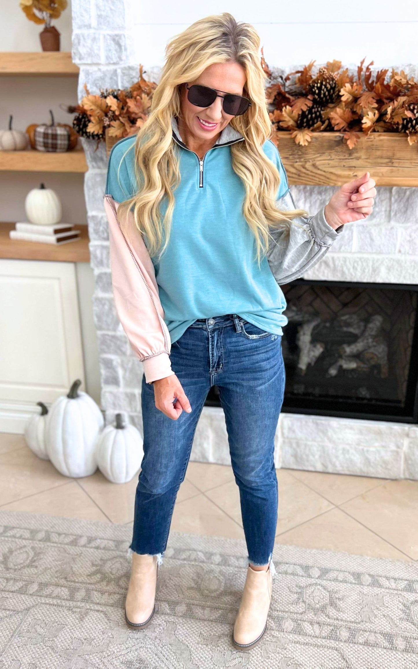 Teal Brushed Terry Colorblock Pullover Sweater