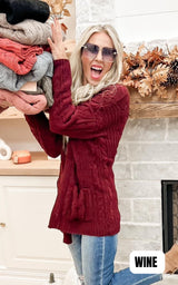 Wine Chenille Cable Knit Oversized Open Front Cardigan