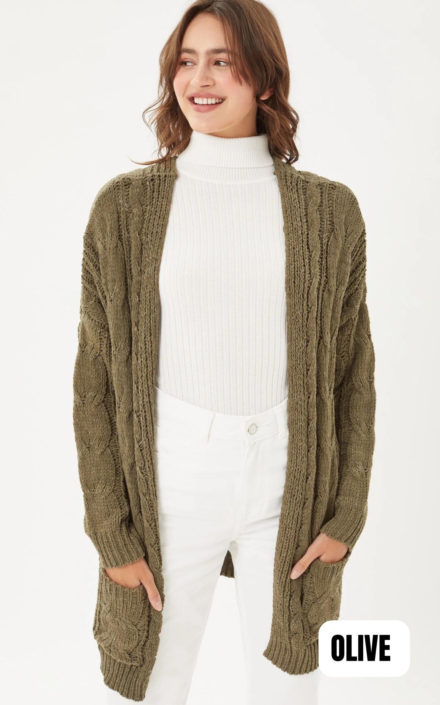 Chenille Cable Knit Oversized Open Front Cardigan