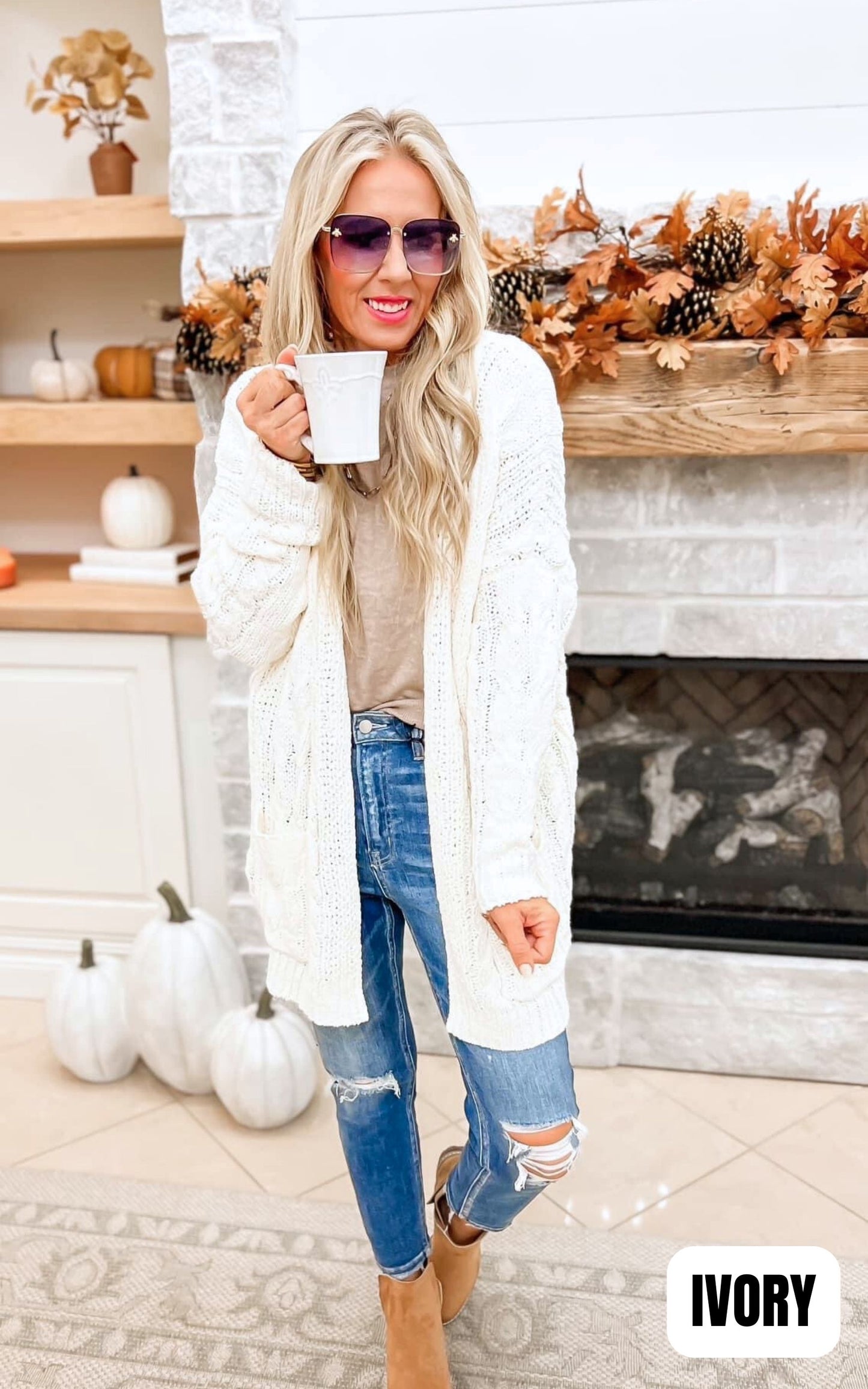 Ivory Chenille Cable Knit Oversized Open Front Cardigan