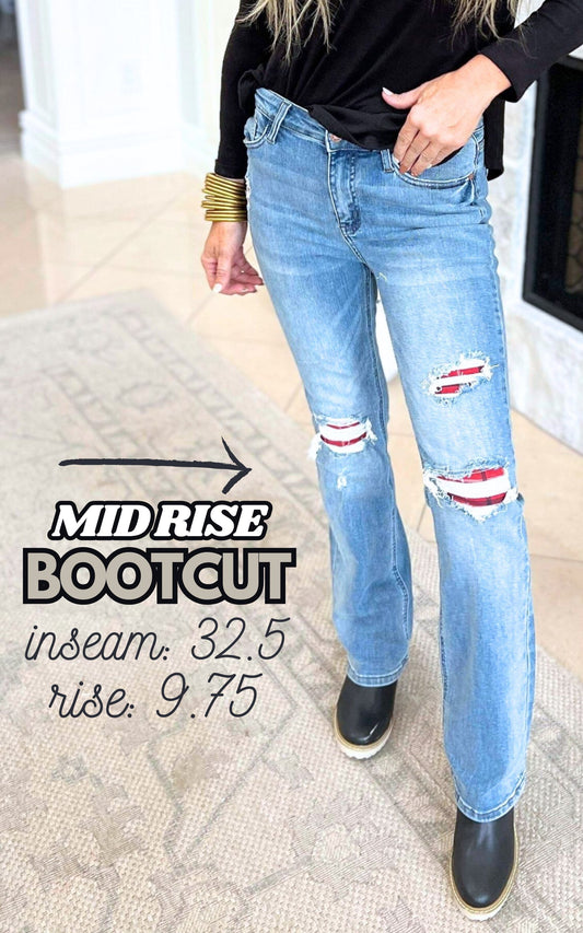 Seeing Plaid Mid Rise Plaid Patch Detail Bootcut Denim Jean (REG/CURVY)  | Judy Blue - Final Sale