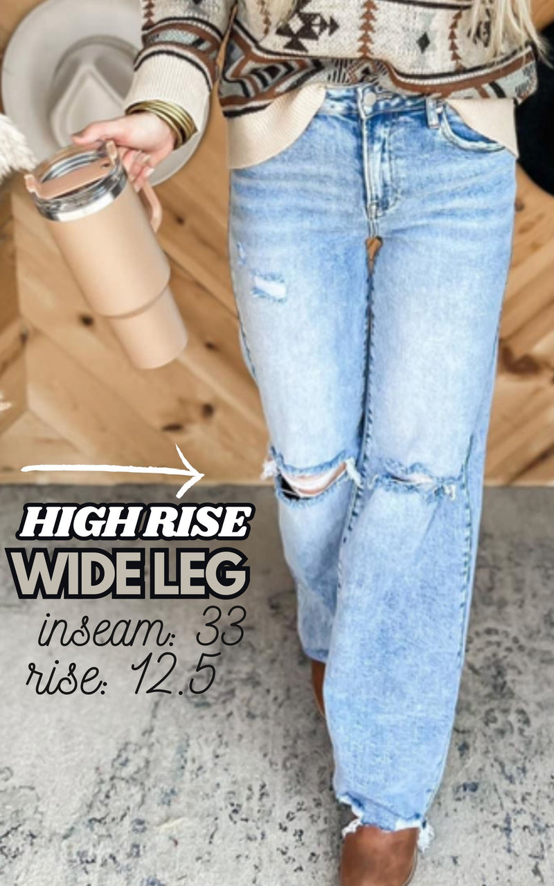 High Rise Acid Wash Wide Leg Denim Jeans | Risen
