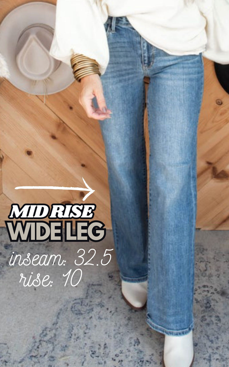 Mid Rise Medium Wash Wide Leg Denim Jean | Judy Blue.