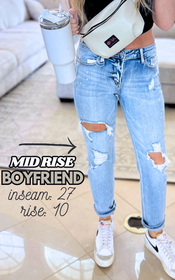 Mid Rise Stretch Boyfriend Paint Splatter Denim Jeans | Vervet