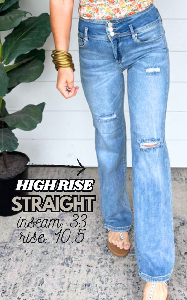 High Rise Light Wash Triple Button Fly Straight Denim Jeans | Risen