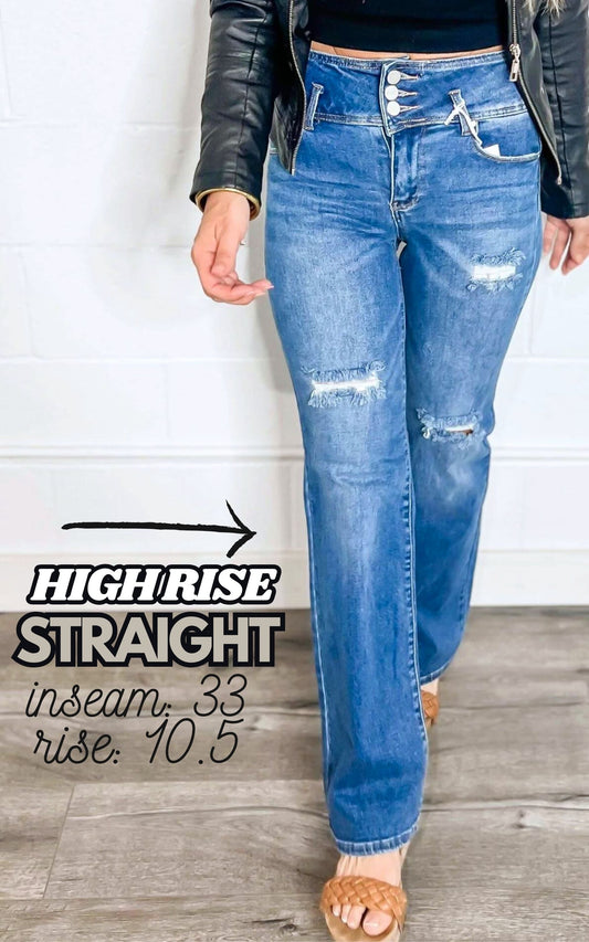 High Rise Med Wash Triple Button Fly Straight Denim Jeans | Risen - Final Sale