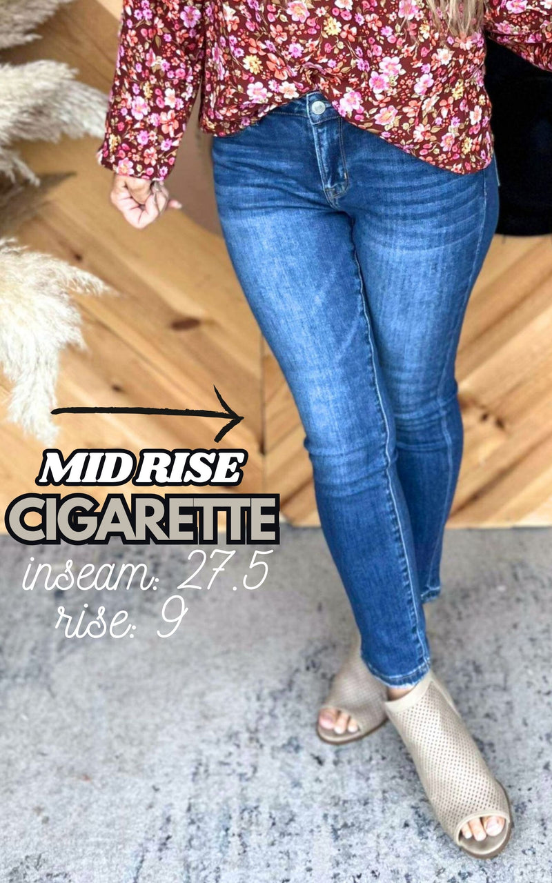 Medium Wash Mid-Rise Cigarette Ankle Denim Jeans - MICA - Final Sale