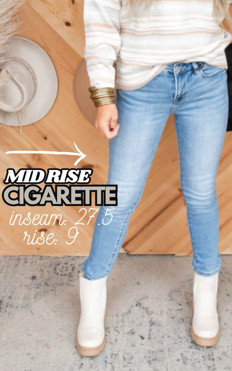 Light Wash Mid-Rise Cigarette Ankle Denim Jeans - MICA - Final Sale