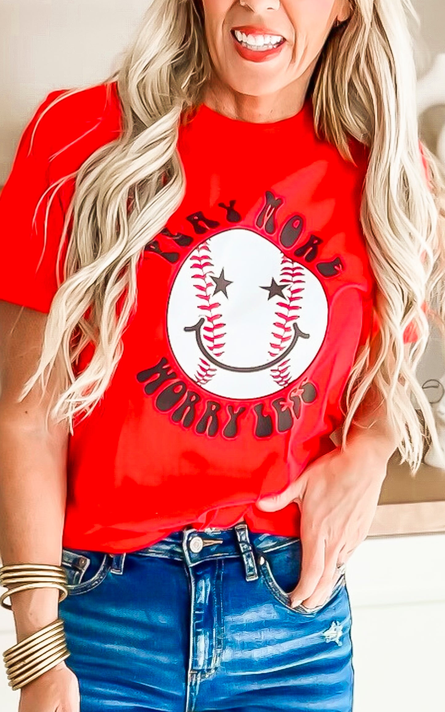 Red Play More Worry Less Baseball Graphic T-shirt*