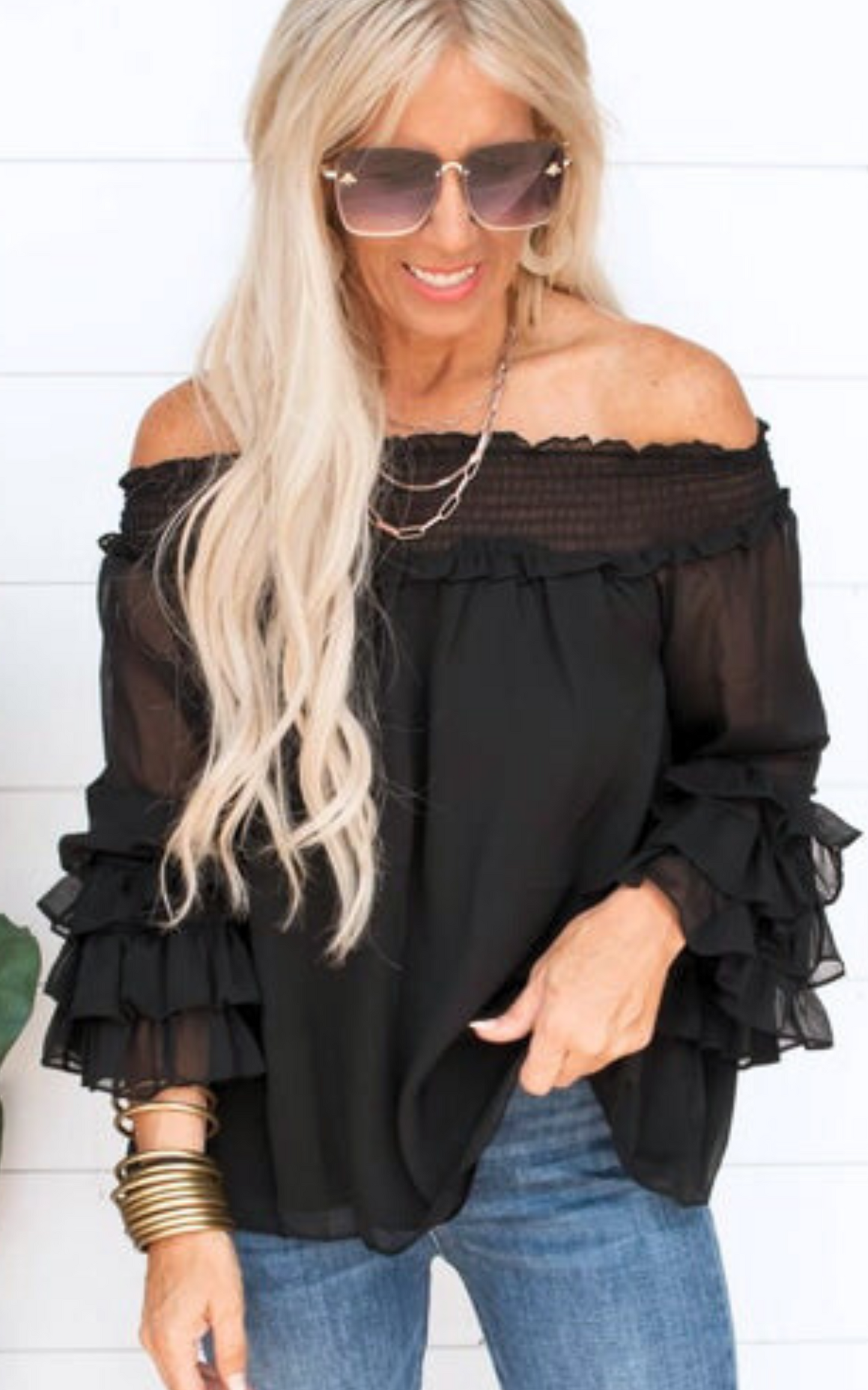 The Isabella Smocked Off the Shoulder and Tiered Sleeve Top - Black | FINAL SALE