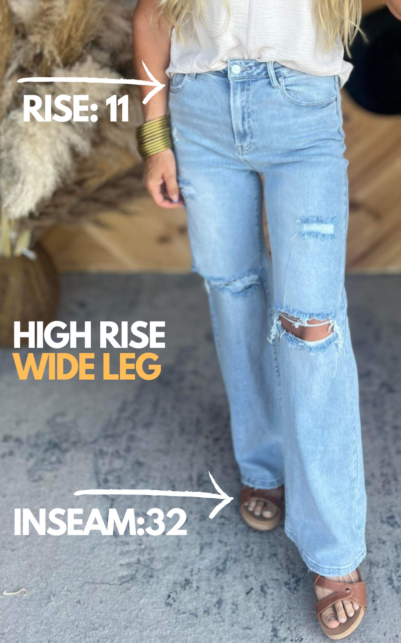 High Rise Distressed Wide Leg Denim Jeans | Risen