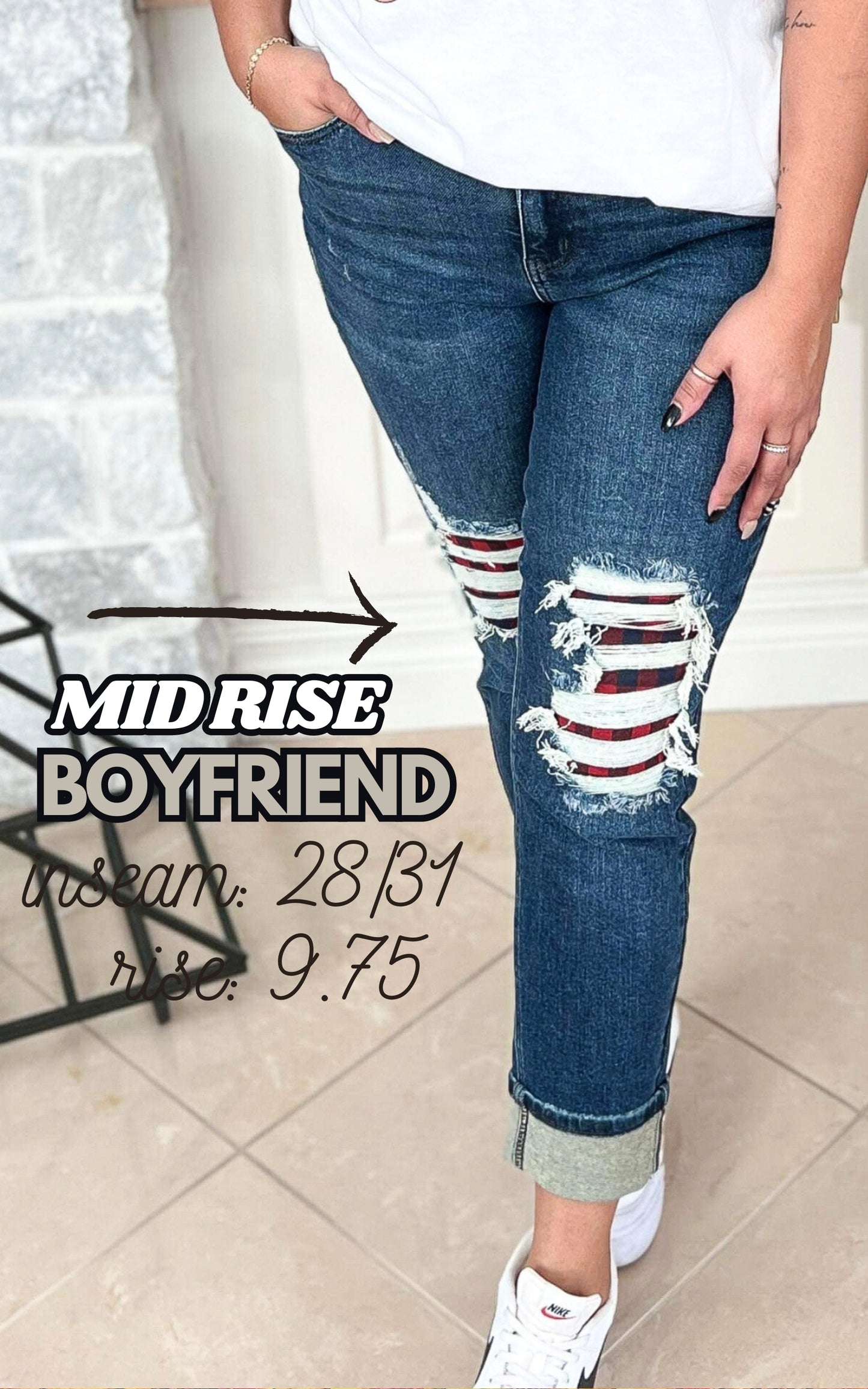 Mid Rise Buffalo Plaid Destroy Patches Boyfriend Cuff Denim Jeans | Judy Blue** - Final Sale