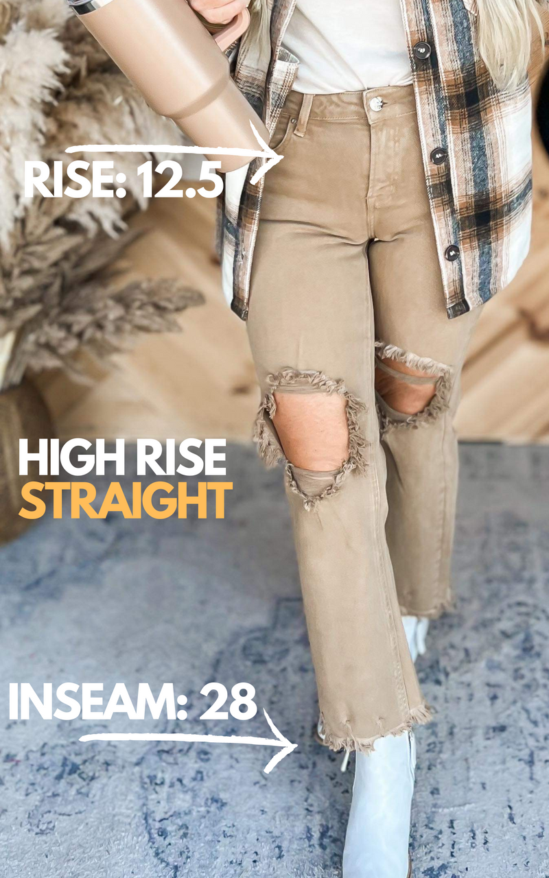 High Rise Distressed Straight Mocha Denim Jeans | Risen