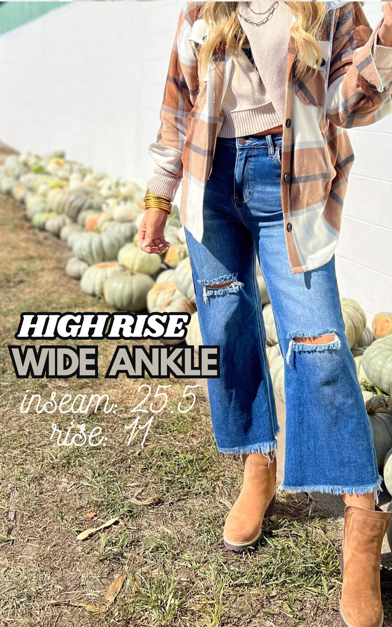 High Rise Frayed Ankle Wide Leg Denim Jeans - Risen