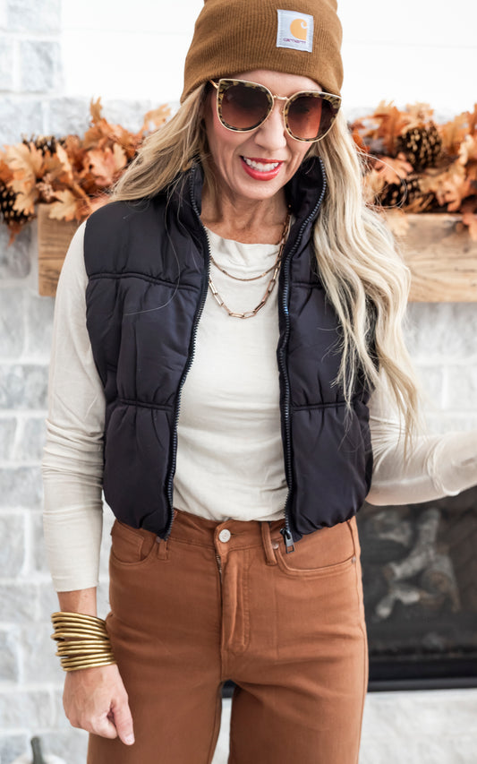 High Neck Zip Up Puffer Vest with Pockets