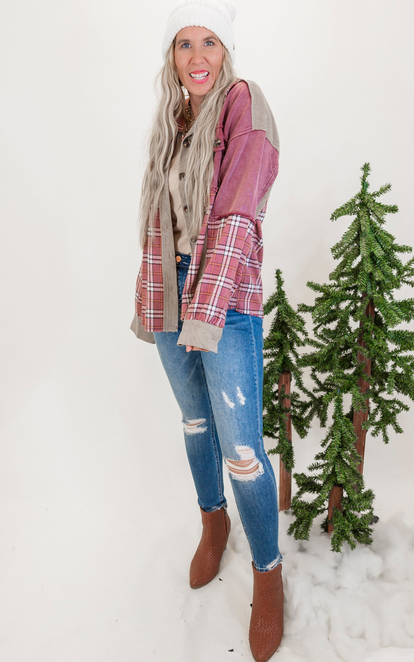 Plaid Mix Corduroy Button Down Shacket