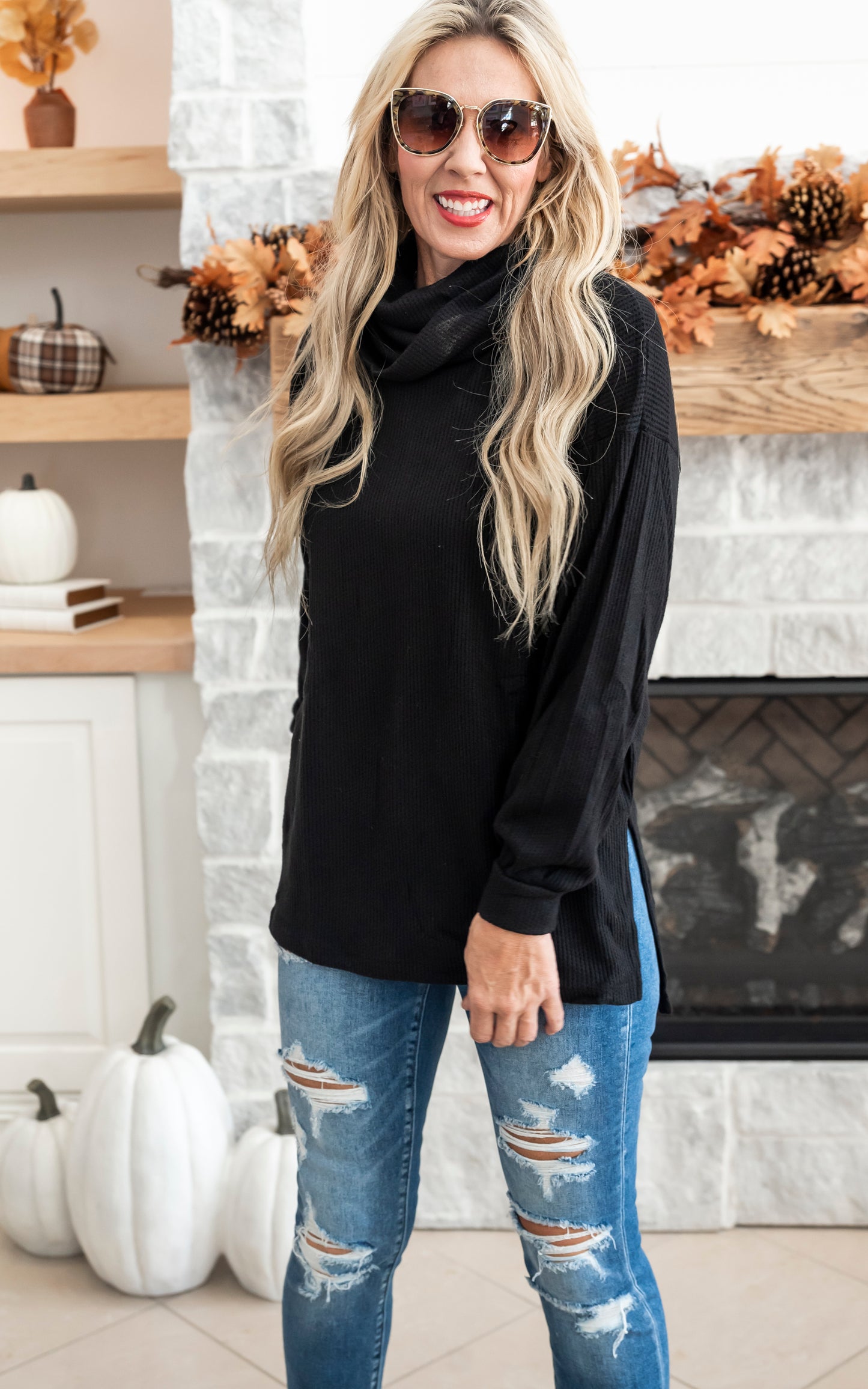 Slouchy Waffle Cowl Neck Top