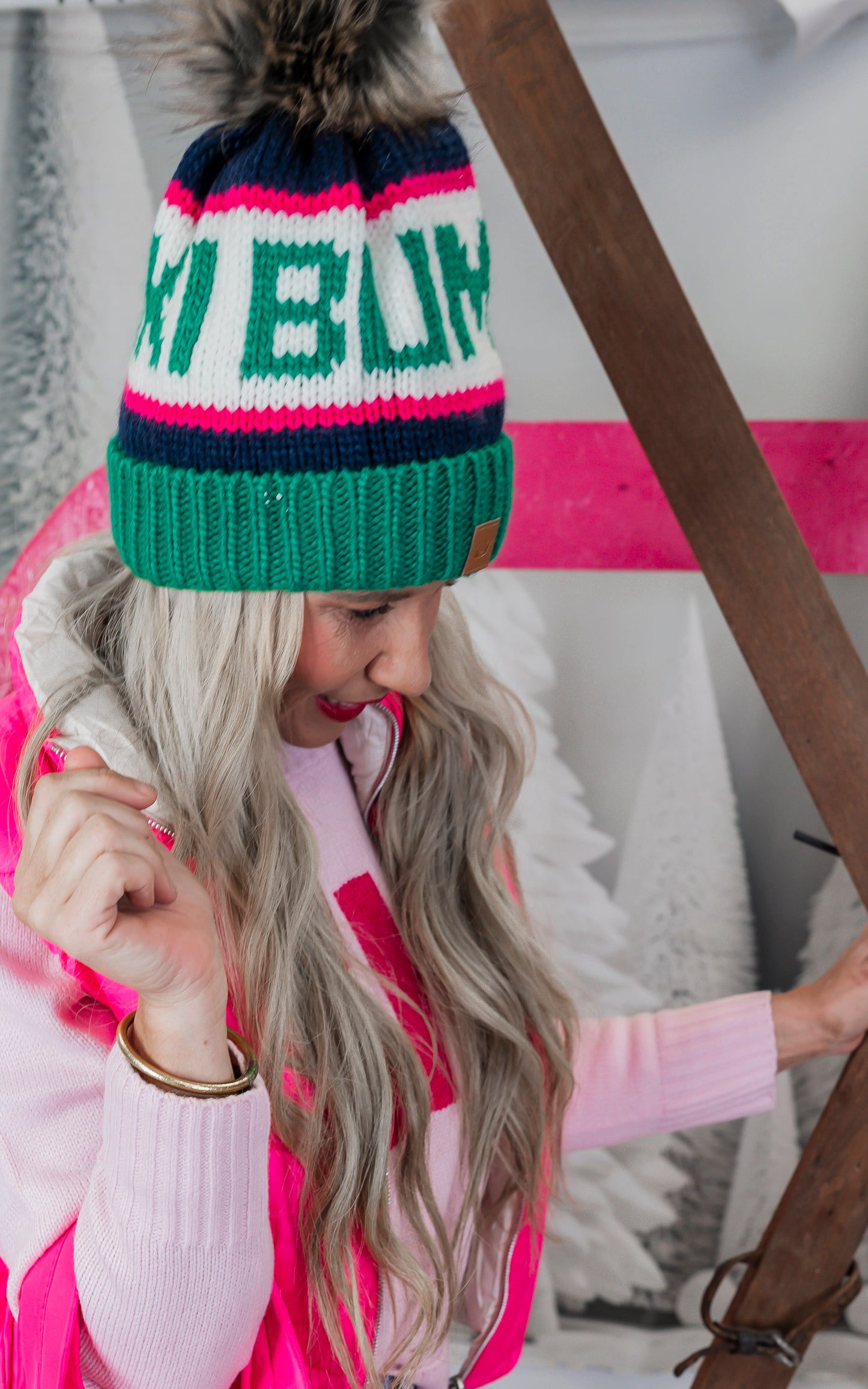 Green, Navy & Pink Ski Bum Pom Hat