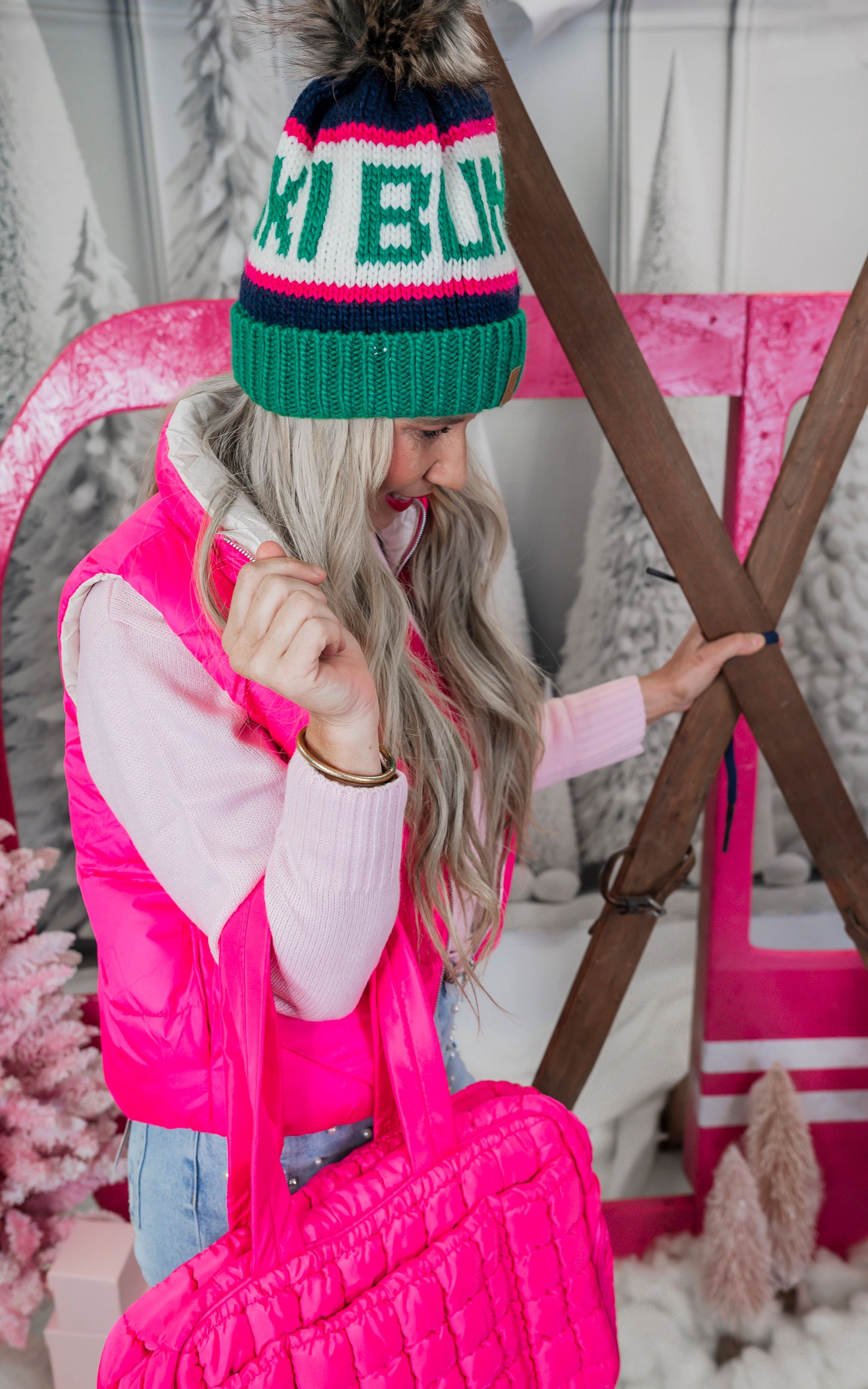 Green, Navy & Pink Ski Bum Pom Hat