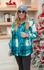 Light Teal Oversized Plaid Fleece Shacket