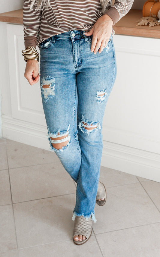 Judy Blue | The Brooke Mid Rise Destroyed Bootcut Denim Jeans (REG/CURVY) - Final Sale