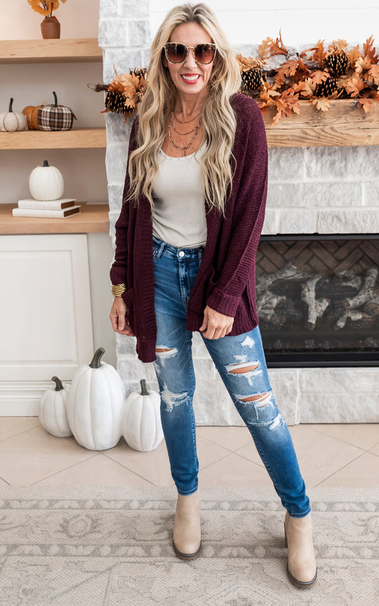 Slouchy Fall Knit Cardigan - Red Bean