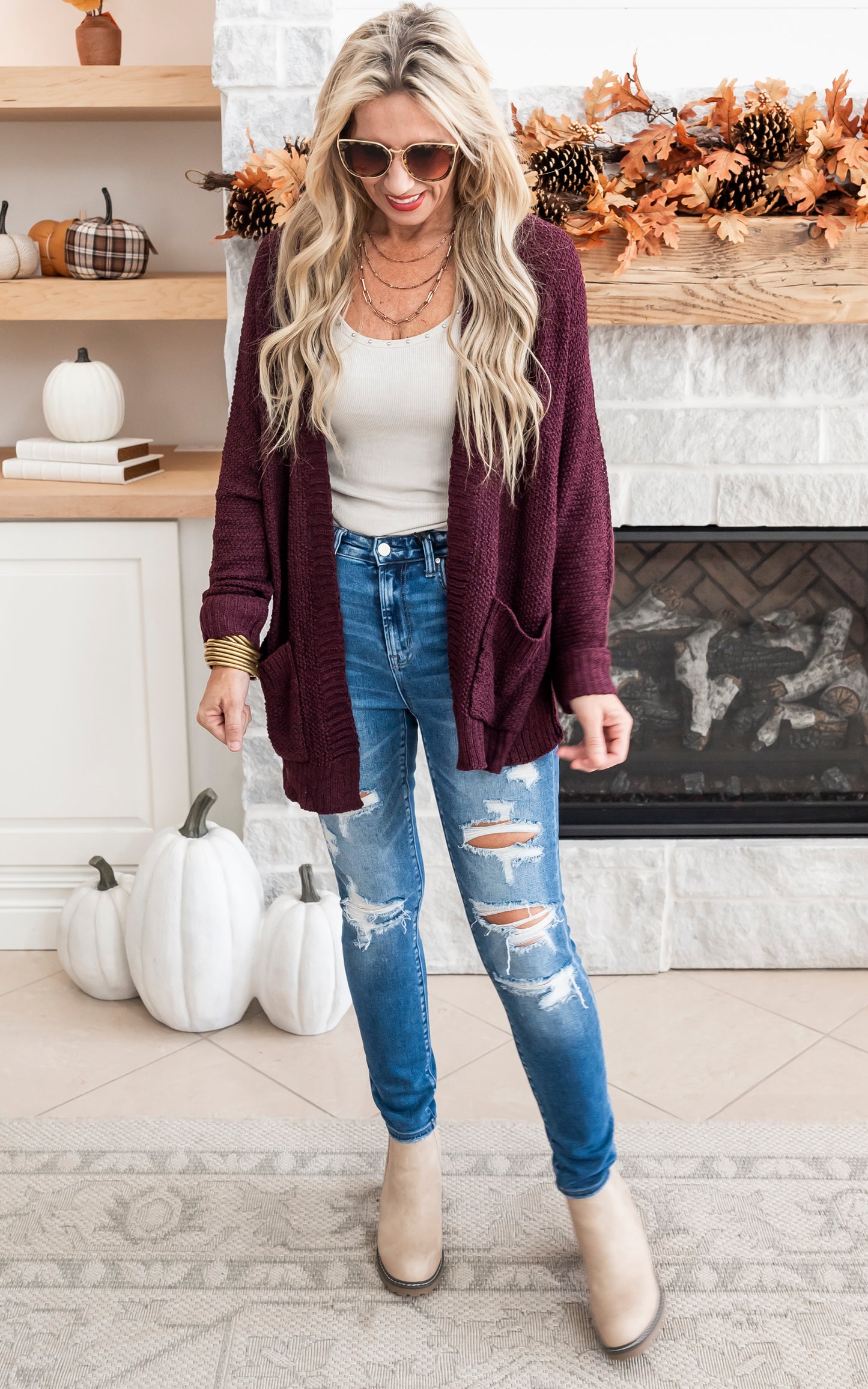 Slouchy Fall Knit Cardigan - Red Bean