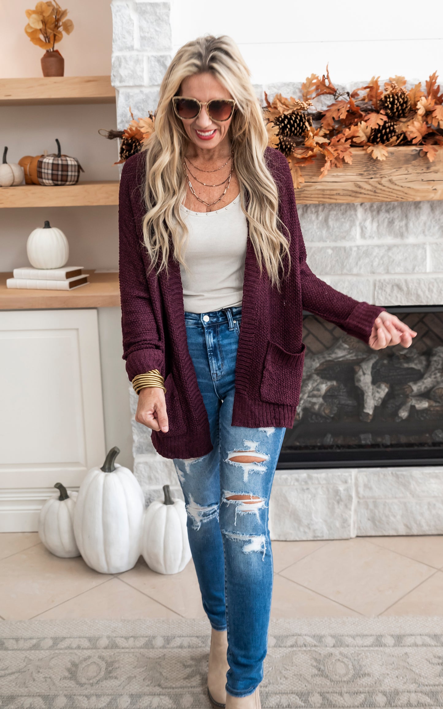 Slouchy Fall Knit Cardigan - Red Bean