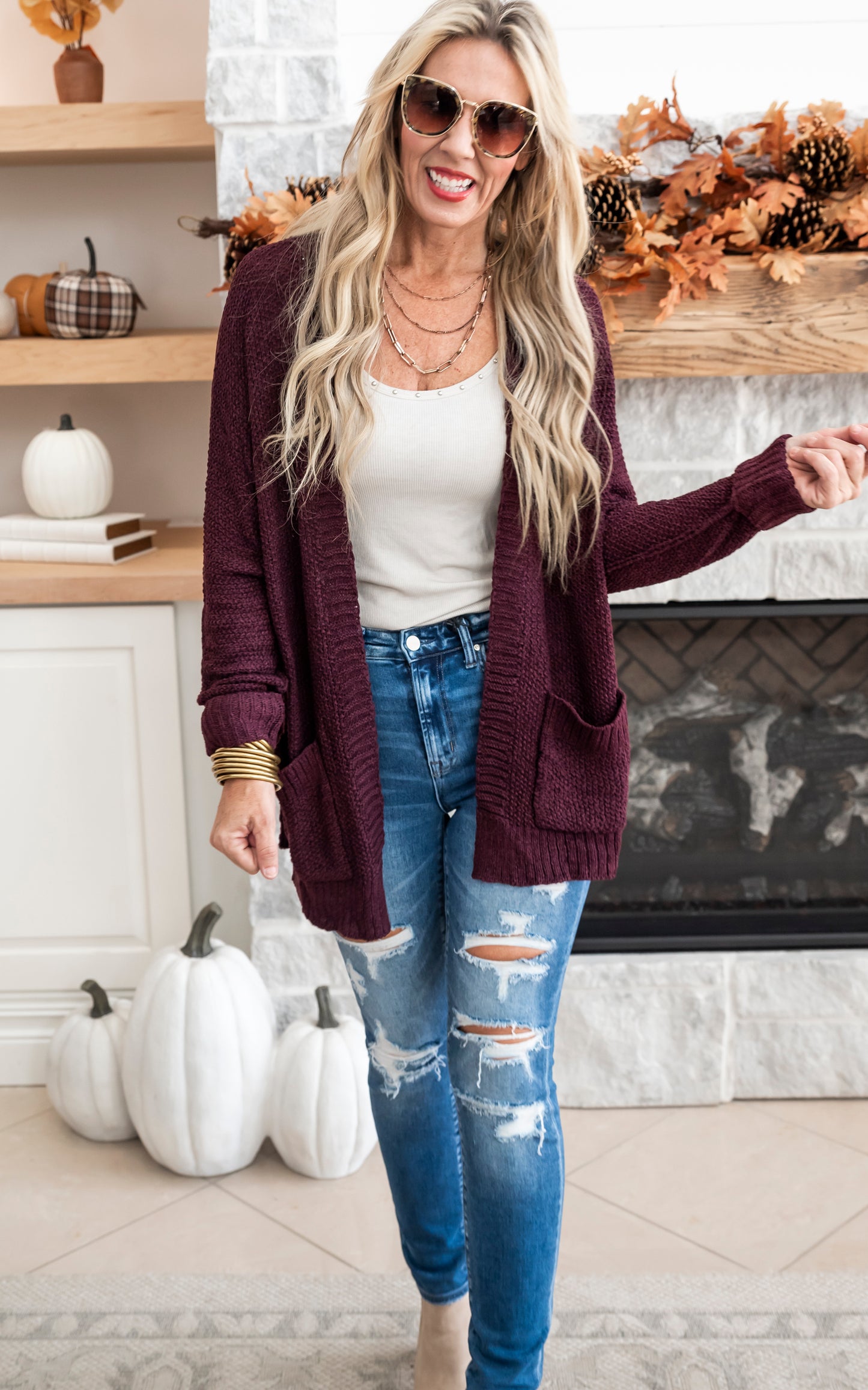 Slouchy Fall Knit Cardigan - Red Bean