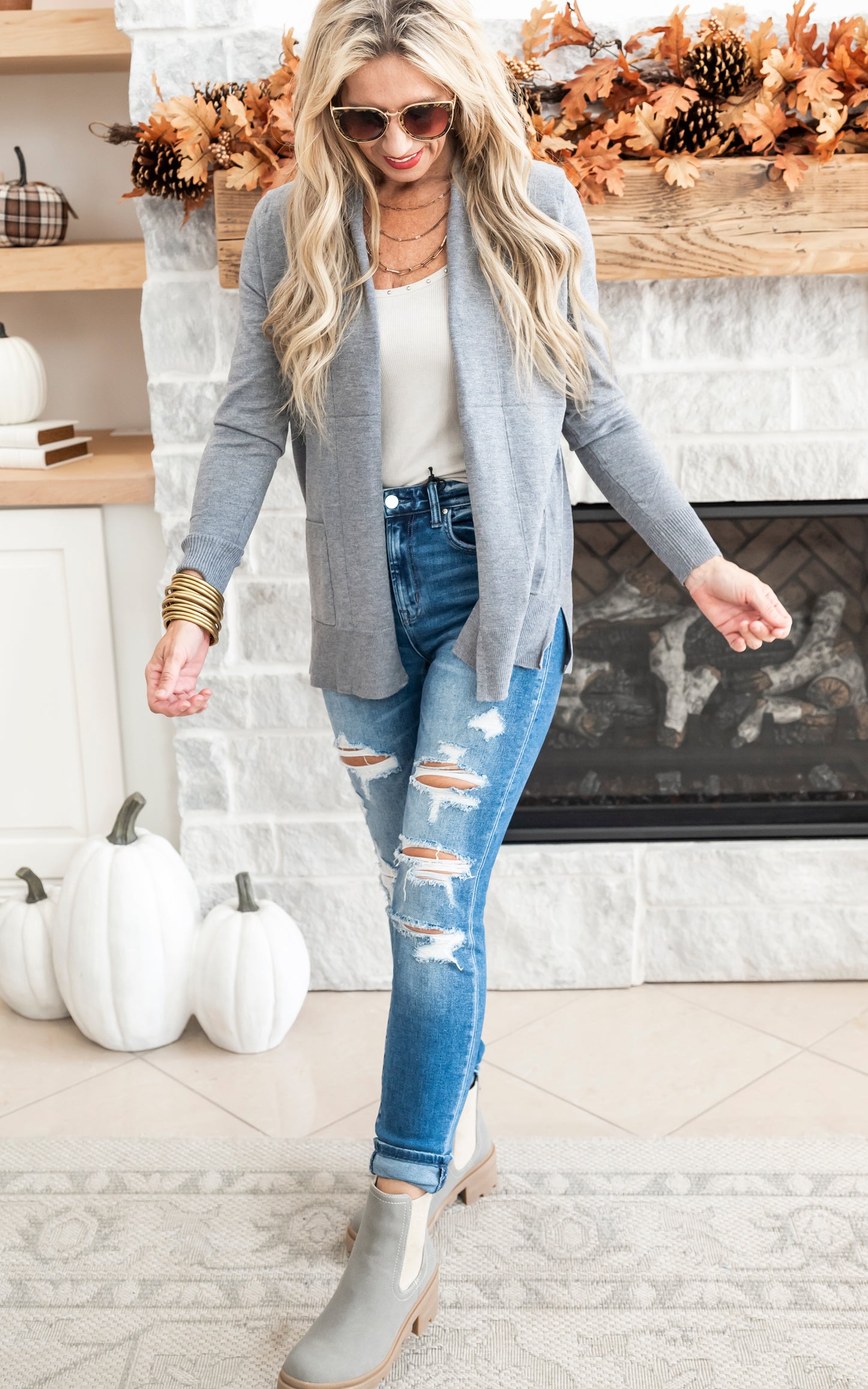 Charcoal Open Front Cardigan with Pockets