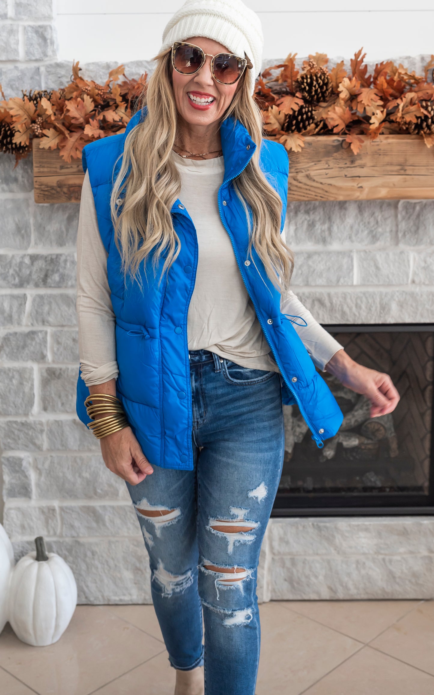 Zip Up Button Puffer Vest with Waist Toggles