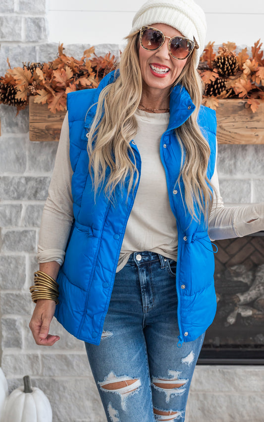 Zip Up Button Puffer Vest with Waist Toggles