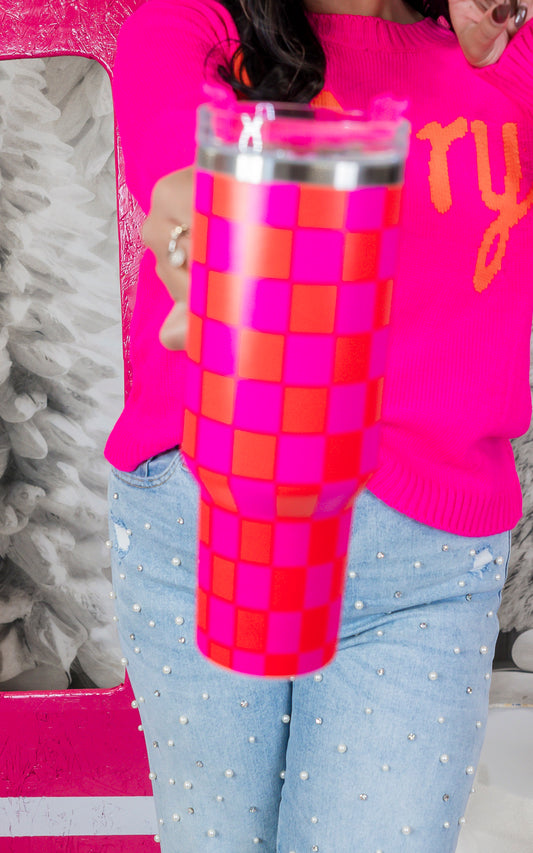 Hot Pink Checked Tumbler (40oz) **