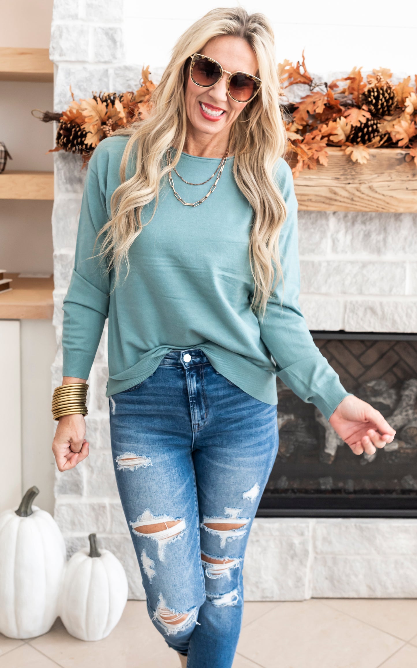 Light Jade Boat Neck Sweater